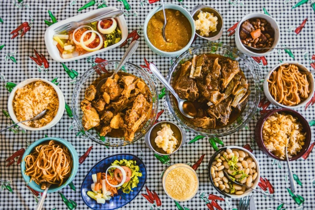 a diverse brazilian feast displayed in a traditional setting, showcasing local cuisine varieties
