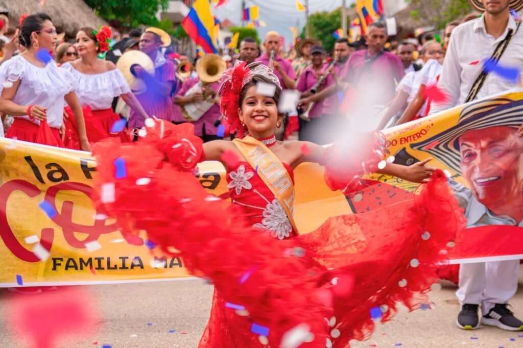 a joyful parade scene in sincé, colombia, featuring a young girl dancing in a colorful festival