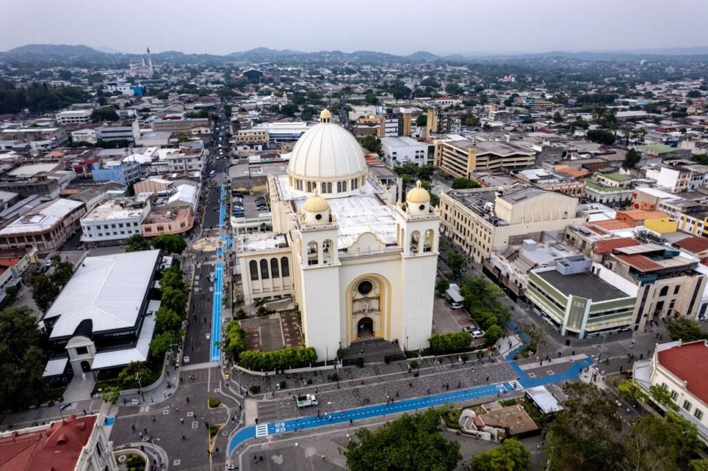 aerial shot of the metropolitan cathedral in san salvador's historic center, showcasing cityscape and urban architecture san salvador, el salvador