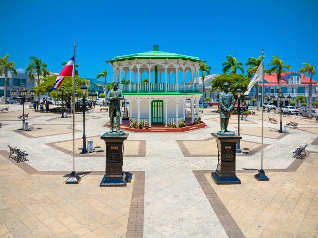 aerial view of central park with statues and gazebo in puerto plata, dominican republic