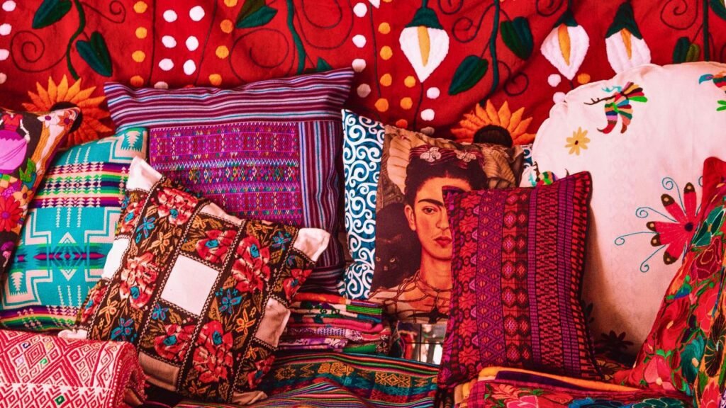 close up of vibrant handmade textiles and pillows with mexican design. mexico city, cdmx, mexico