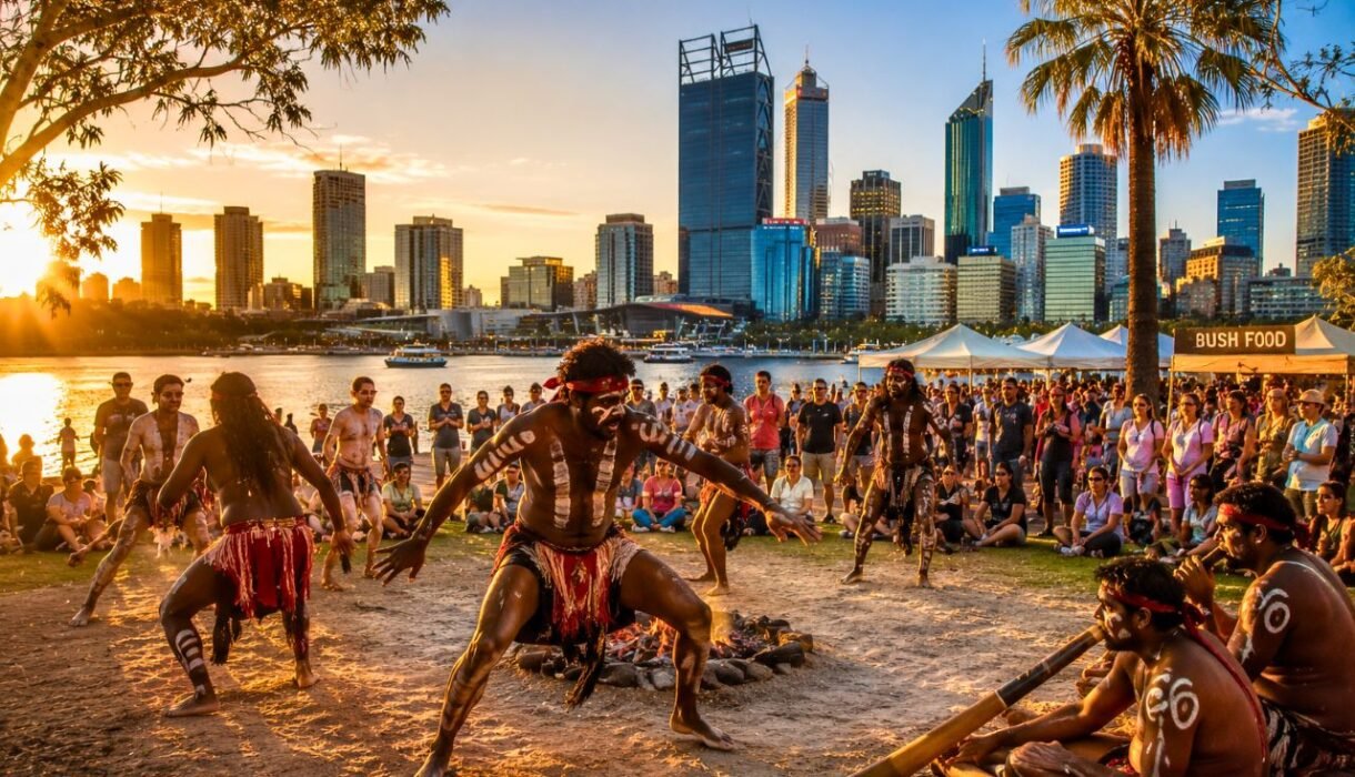 cultural dance at sunset waterfront festival, western australia – australia