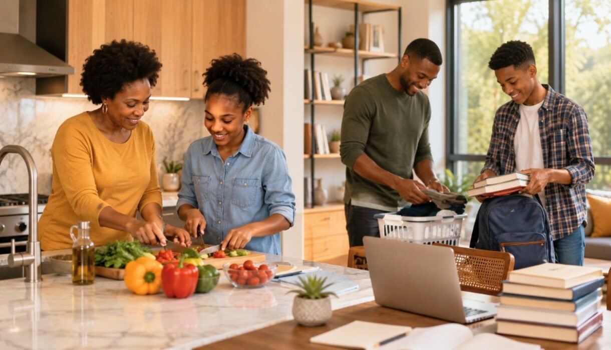 family teamwork in a bright kitchen
