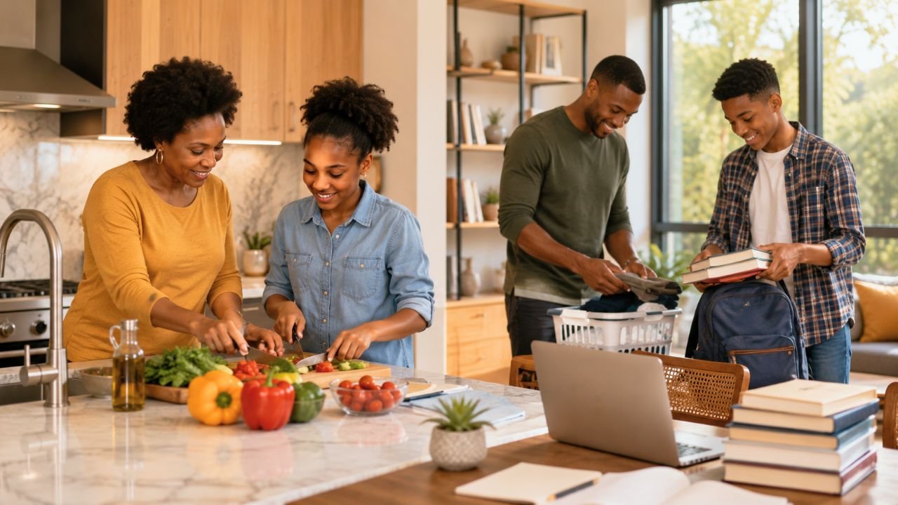 Blog family teamwork in a bright kitchen