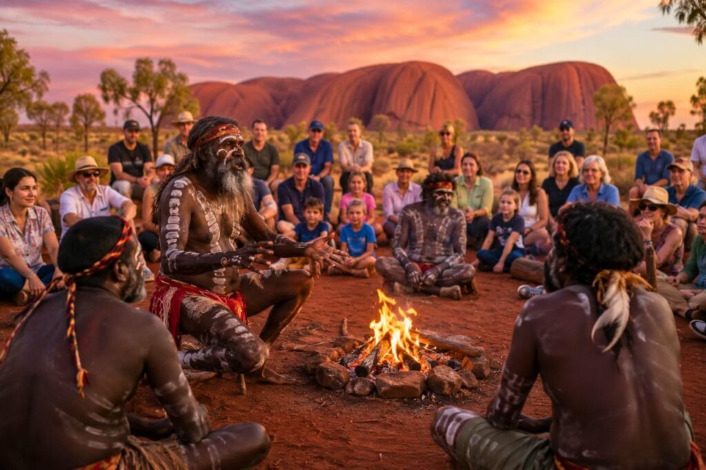 gathering around the campfire at sunset northern territory