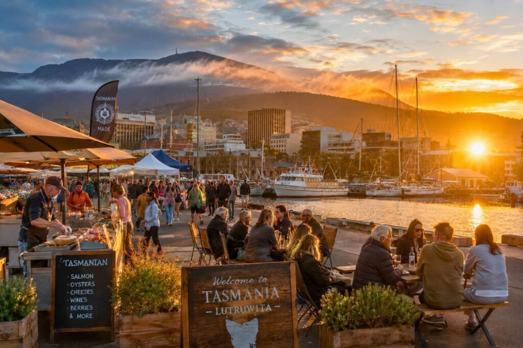 The Cultural Tapestry of Tasmania (lutruwita): Island of Wilderness, Art, and Ancient Heritage golden hour at tasmania's waterfront market