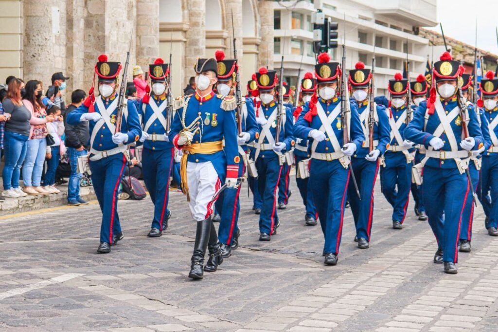masked soldiers marching in a parade on a street in ecuador, showcasing ceremonial uniforms.