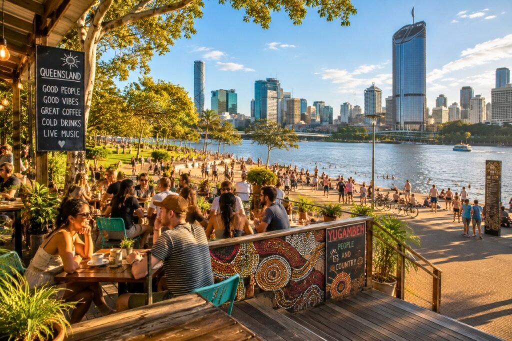 The Sunshine State of Mind: Unveiling Queensland’s Unique Cultural Identity - Queensland (QLD), Australia riverside café vibes and city skyline, queensland (qld) culture – australia.