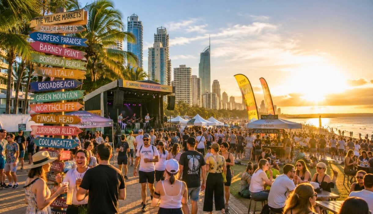 sunset beach festival vibes, queensland (qld) culture – australia.