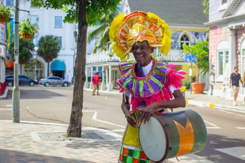 vibrant street performer in traditional junkanoo costume in nassau, bahamas