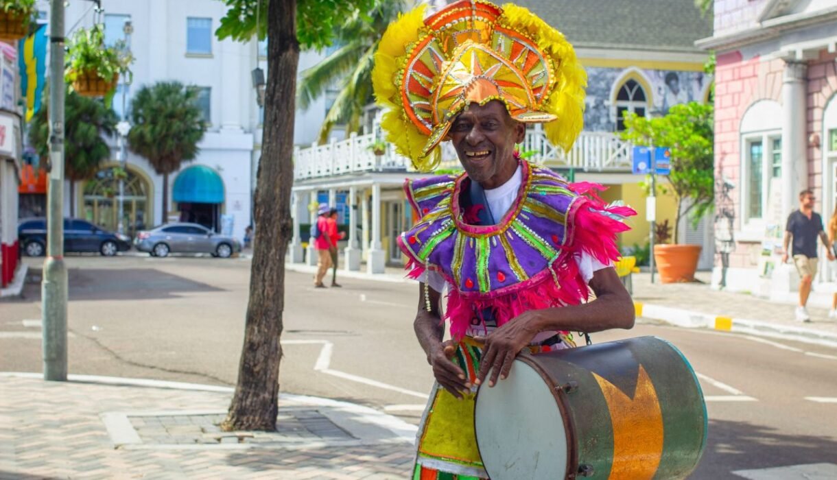 vibrant street performer in traditional junkanoo costume in nassau, bahamas