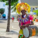 vibrant street performer in traditional junkanoo costume in nassau, bahamas