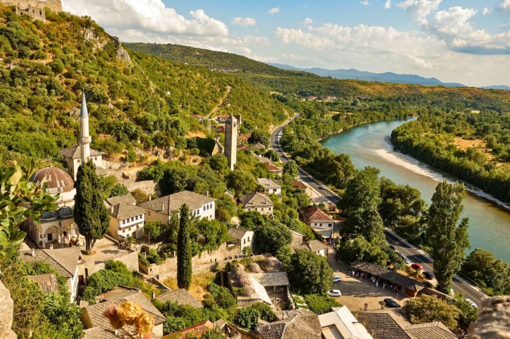 aerial view of berat city overlooking osum river and historical architecture