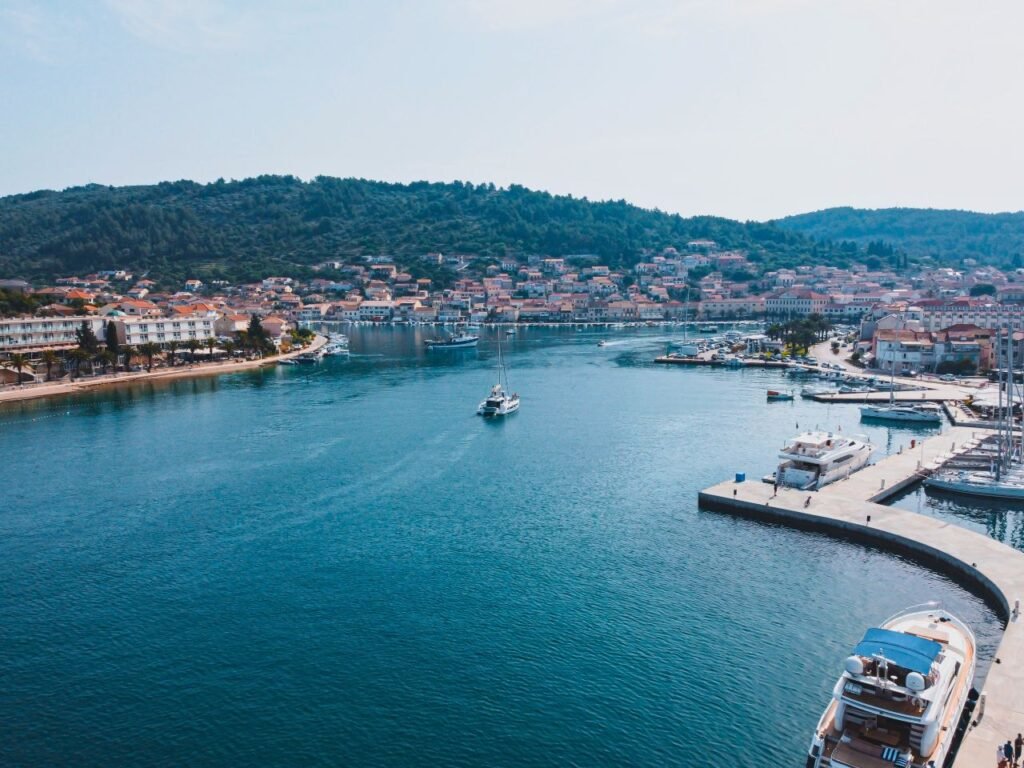 aerial view of korcula's beautiful waterfront with moored yachts and charming cityscape korcula, croatia