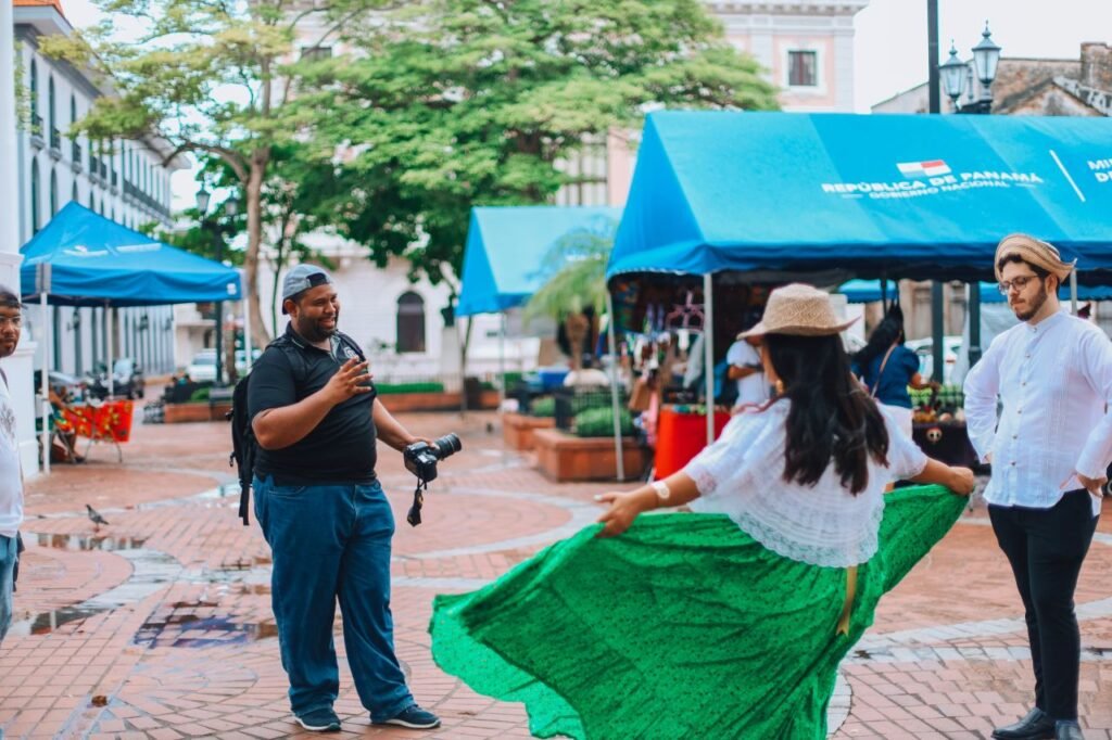 group of people enjoying a street performance in a vibrant urban market setting panama
