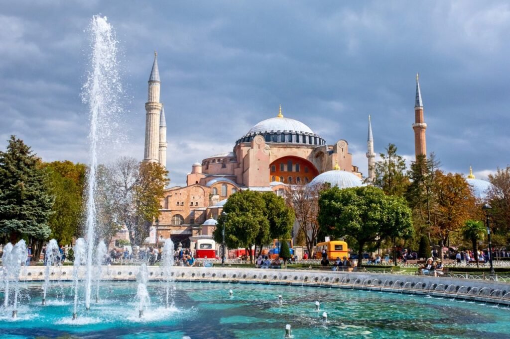 scenic view of hagia sophia grand mosque and fountain in istanbul, turkey
