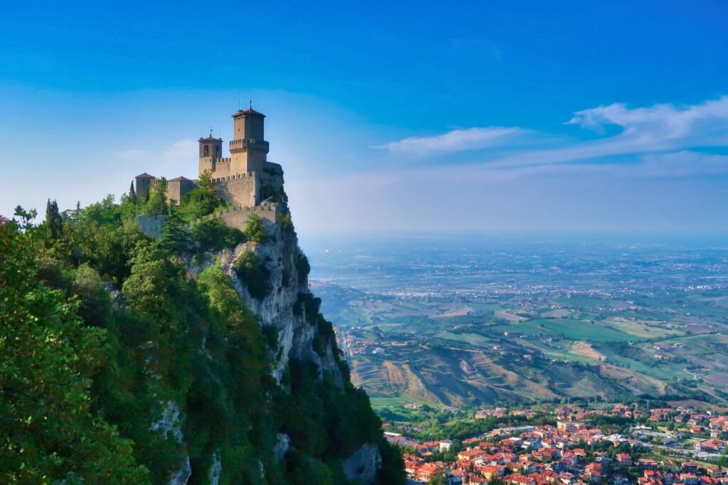 spectacular view of the historic san marino castle perched on a majestic cliff overlooking the valley san marino