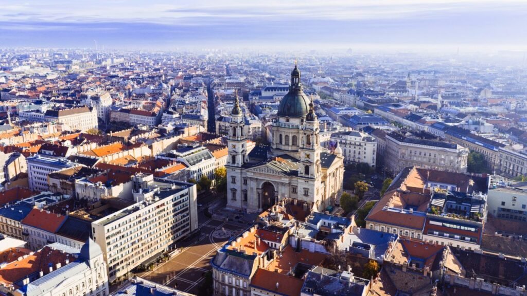 stunning aerial view of st. stephen's basilica in budapest with cityscape backdrop budapest, hungary