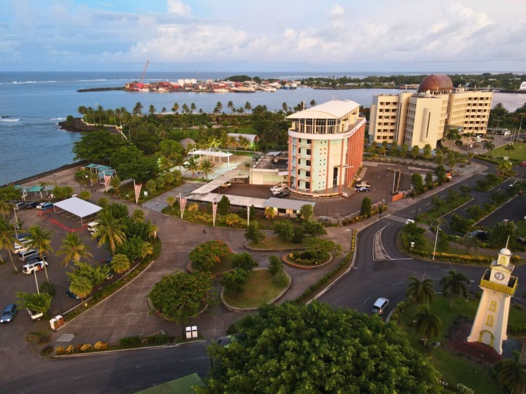 stunning aerial view of apia, samoa featuring coastal cityscape and landmarks.