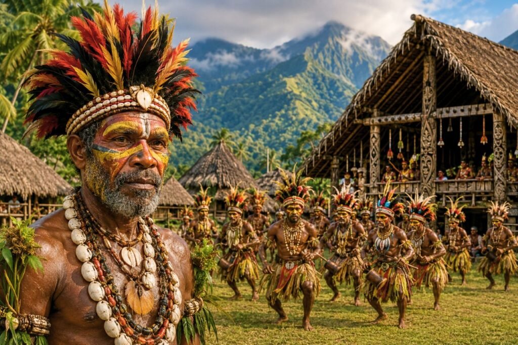 tribal ceremony in misty highlands