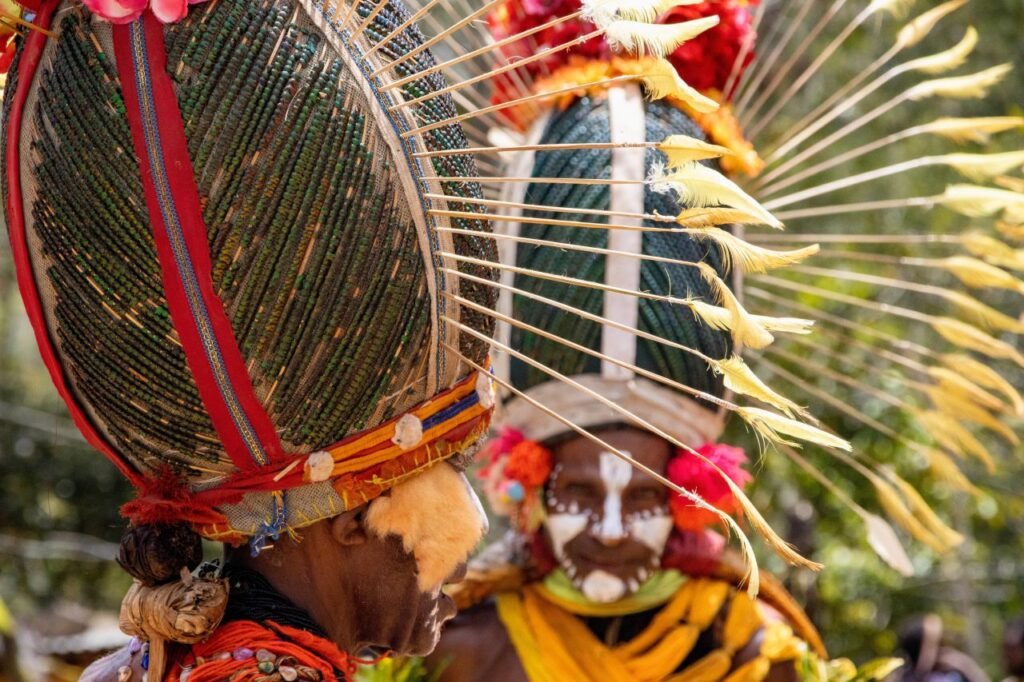 vibrant traditional costumes and headdresses at a papua new guinea sing sing festival
